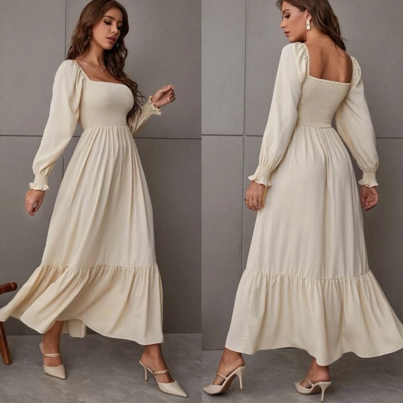 Shirred bust square neck long sleeve ruffle maxi dress boho gypsy dusty blue - Picture 5 of 9